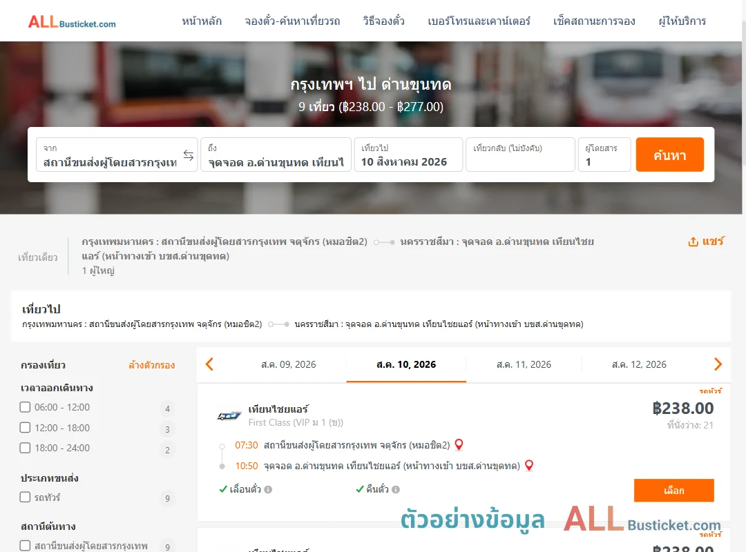 ตัวอย่างผลค้นหา กรุงเทพฯ-ด่านขุนทด