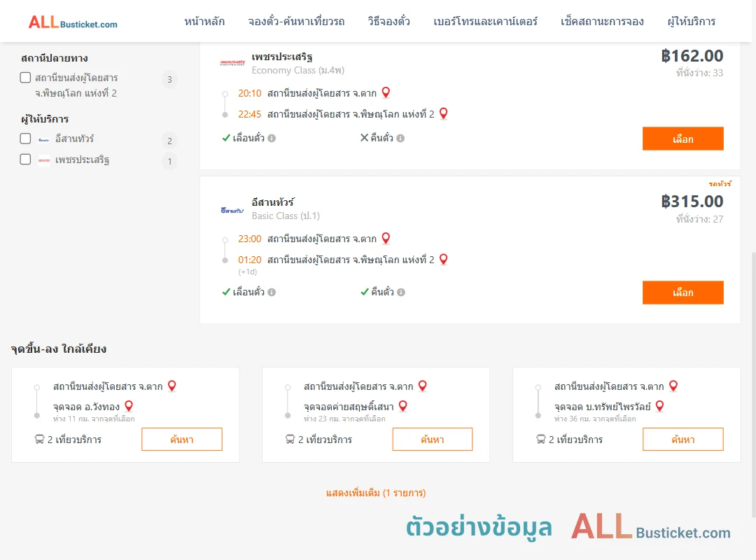 ตัวอย่างผลค้นหา ตาก-พิษณุโลก
