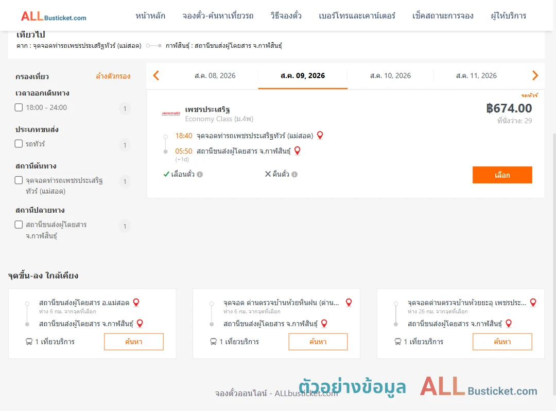 ตัวอย่างผลค้นหา ท่ารถเพชรประเสริฐทัวร์แม่สอด-กาฬสินธุ์