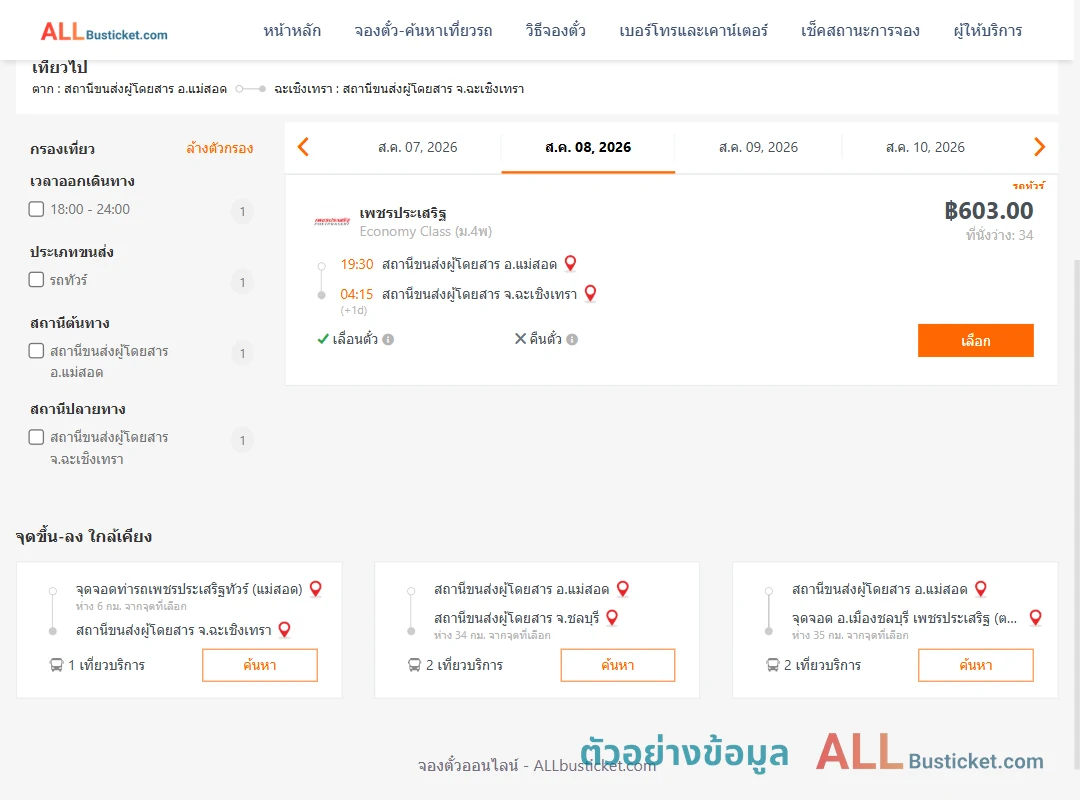ตัวอย่างผลค้นหา แม่สอด-ฉะเชิงเทรา