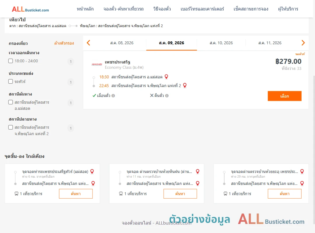 ตัวอย่างผลค้นหา แม่สอด-พิษณุโลก