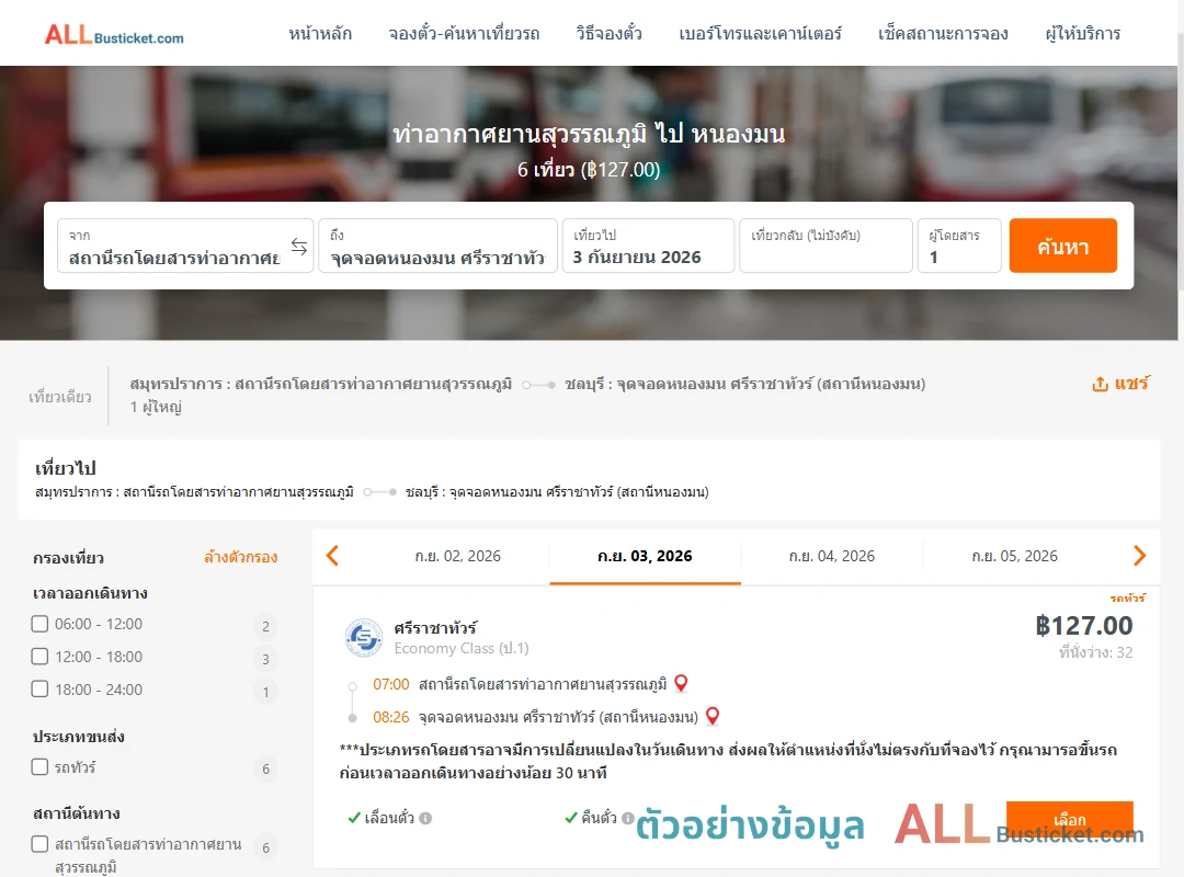 ตัวอย่างผลค้นหา ท่าอากาศยานสุวรรณภูมิ-หนองมน