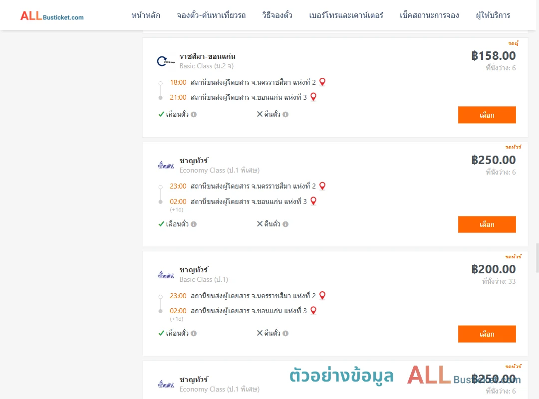 ตัวอย่างผลค้นหา นครราชสีมา-ขอนแก่น